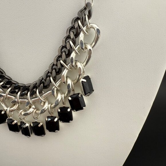 Faux Pearl & Chain Statement Necklace With Black Square Charms In Silver-Tone Fi - Picture 2 of 7